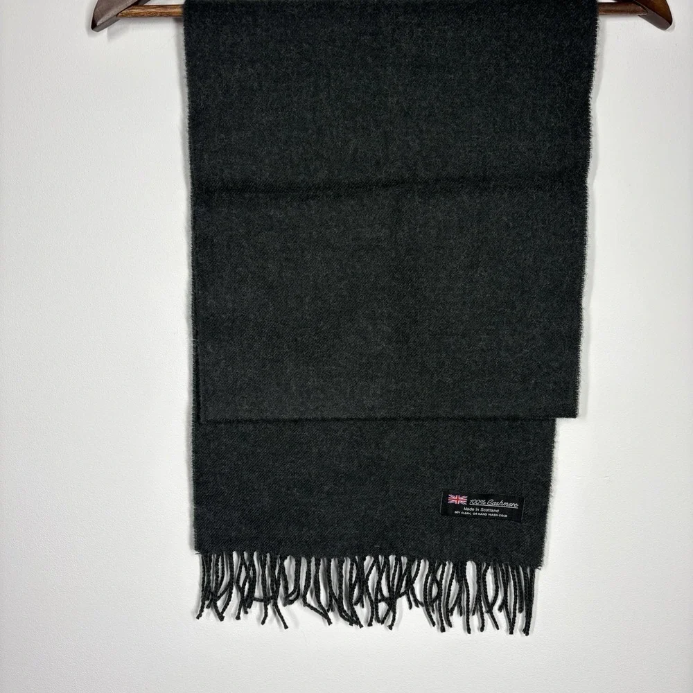 Vintage 100% Cashmere Winter Scarf Gray Fringe Raw Hem Made In Scotland Luxury